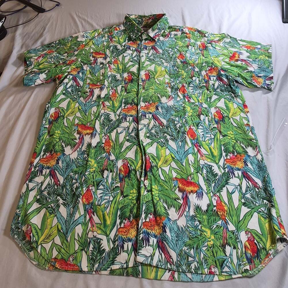 An Original By Santana Fashions Vintage Tropical Parrot Print Button-Down Shirt